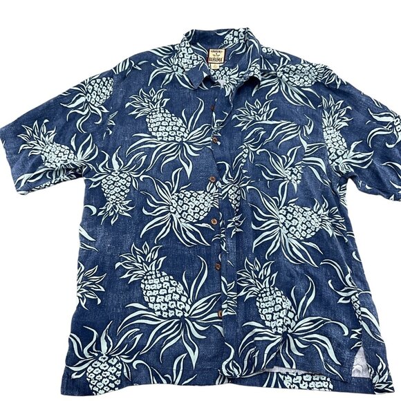 Tommy Bahama Shirt Men Large Blue Pineapple Silk Tropical Hawiian Aloha Vacation - Picture 1 of 8